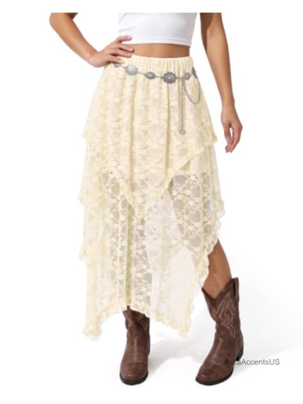 Women's Lace Boho Maxi Skirt Asymmetrical Ruffle Hem See-Through Beach